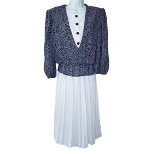 Vintage 80s Abstract Blouson Pleated Dress Sz 14 Navy Blue White Geometric